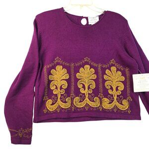 Vintage 90s Susan Bristol Wool Embroidered Sweater 40 Purple Cottagecore Vibrant